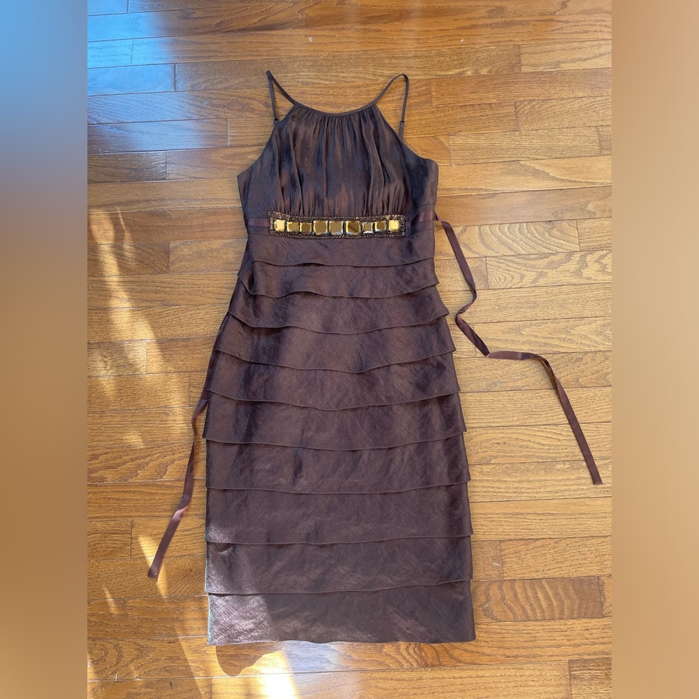 Cache Shimmering Copper Brown Halter Dress ~ Beads sequin ~ 2